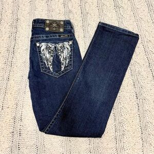 Miss Me Dark Blue Straight Cut Jeans with Angel Wing Embellishment
